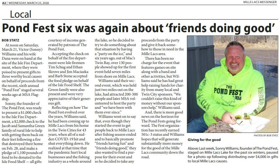 Mille Lacs Messenger article: Pond Fest six was again about friends doing good